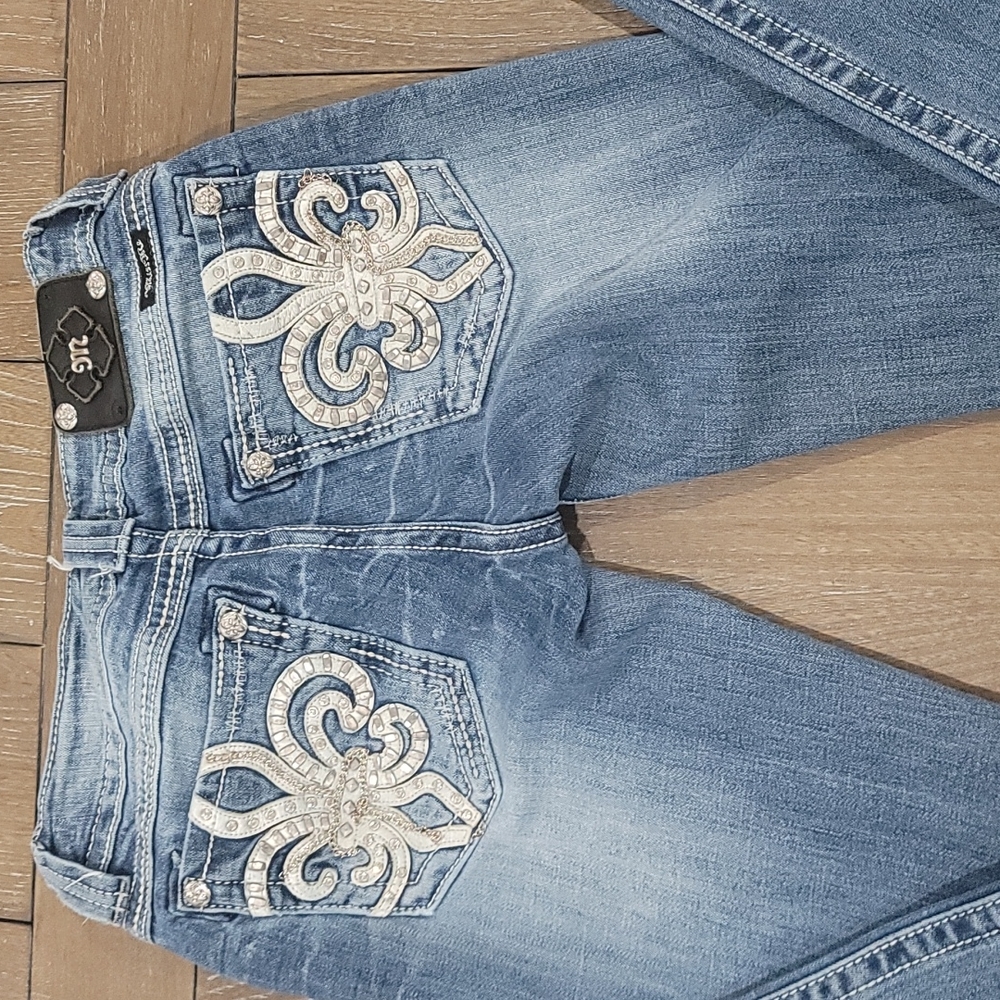 Miss Me Blue Straight Leg Jeans with Silver Embellishments - Picture 9 of 16